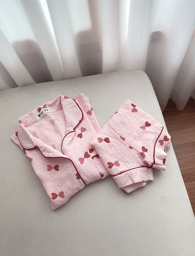 하트 반팔 잠옷 SET (핑크/옐로우)